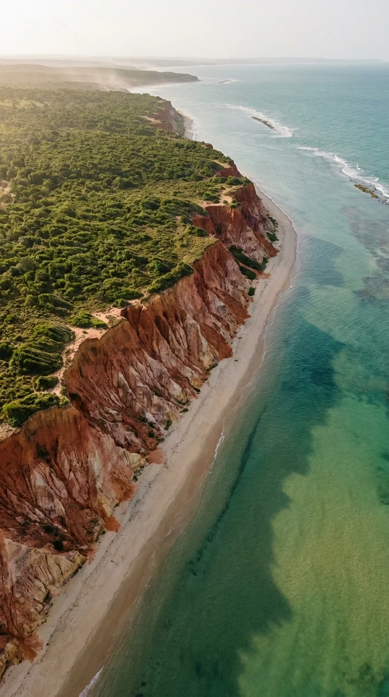 Falésias e faixa de areia vistas do alto, na Costa das Baleias
